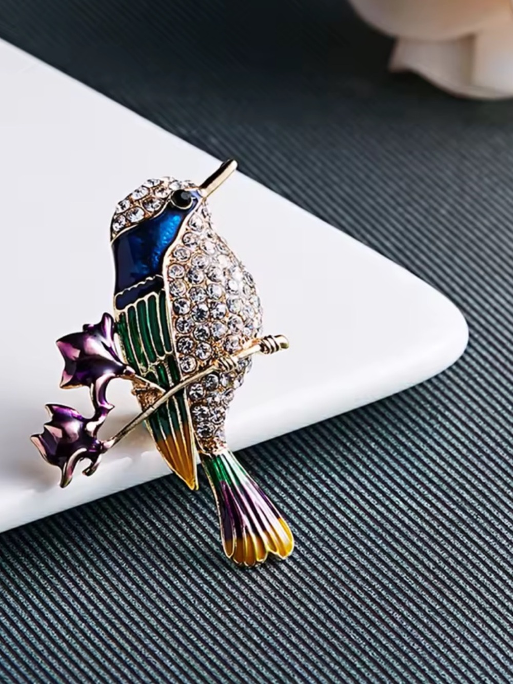 Colorful Crystal Bird Brooch Pin Rhinestone Hummingbird Floral Statement Jewelr - Picture 5 of 7